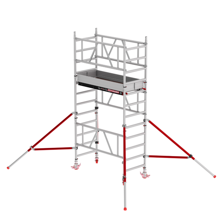 Andamio MiTOWER PLUS con altura de plataforma a 2.20 m, ideal para trabajos seguros y eficientes en espacios reducidos, certificado EN 1004-1