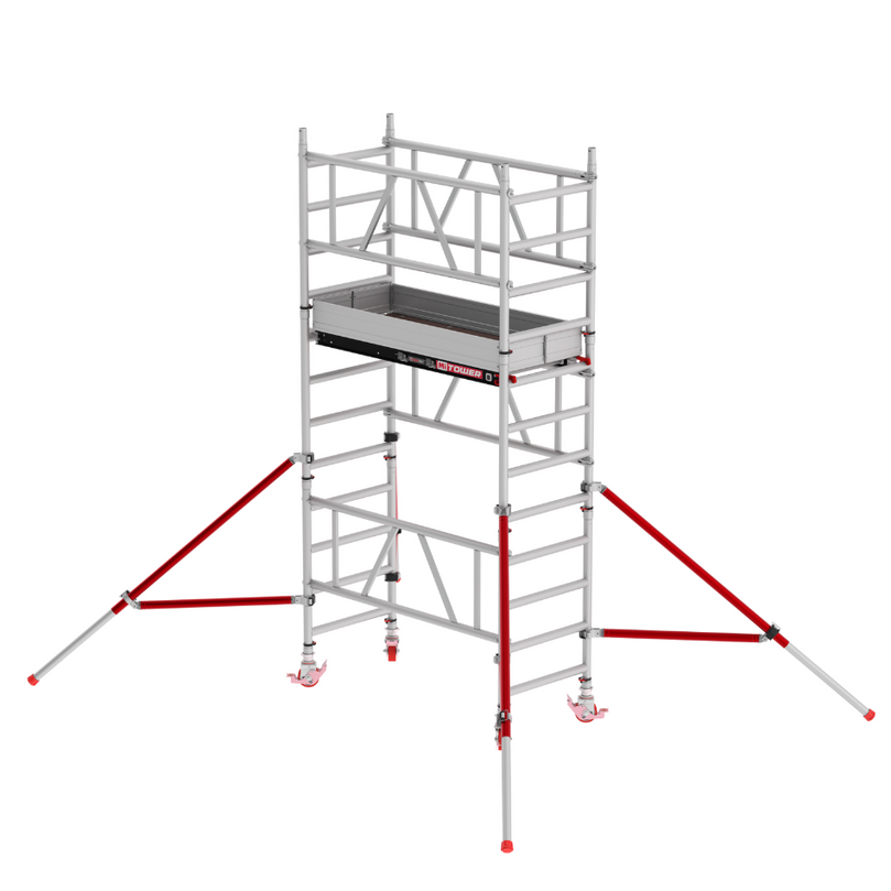 Andamio MiTOWER PLUS con altura de plataforma a 2.20 m, ideal para trabajos seguros y eficientes en espacios reducidos, certificado EN 1004-1