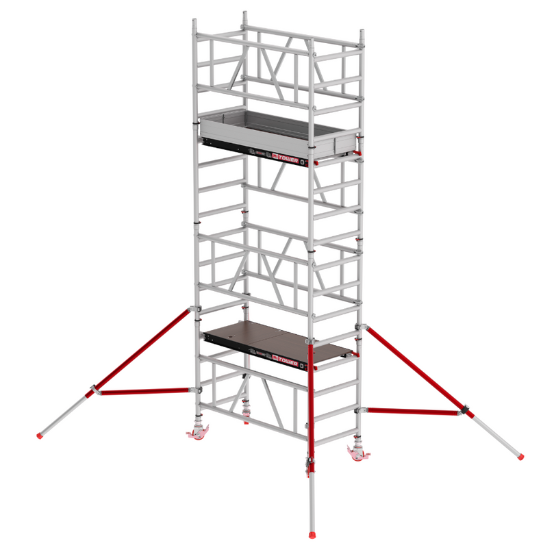 Andamio MiTOWER PLUS con altura de plataforma a 3.20 m, perfecto para tareas profesionales de mantenimiento y reformas, con sistema antiviento integrado