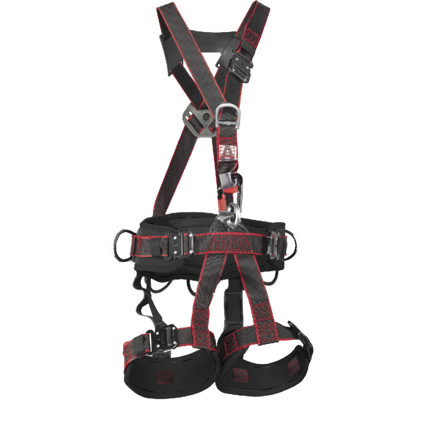 Imagen del Arnés Atlas para trabajos en altura con puntos de anclaje dorsal, frontal y ventral, hebillas laterales abatibles, acolchado ergonómico y soporte para hasta 140 kg, cumpliendo con normas EN 361, EN 358 y EN 813