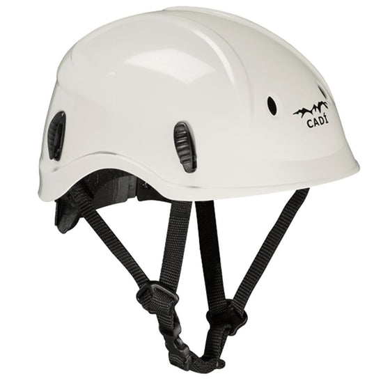 Casco Cadí en color blanco con barboquejo de 4 puntos y diseño ergonómico, ideal para trabajos en altura.