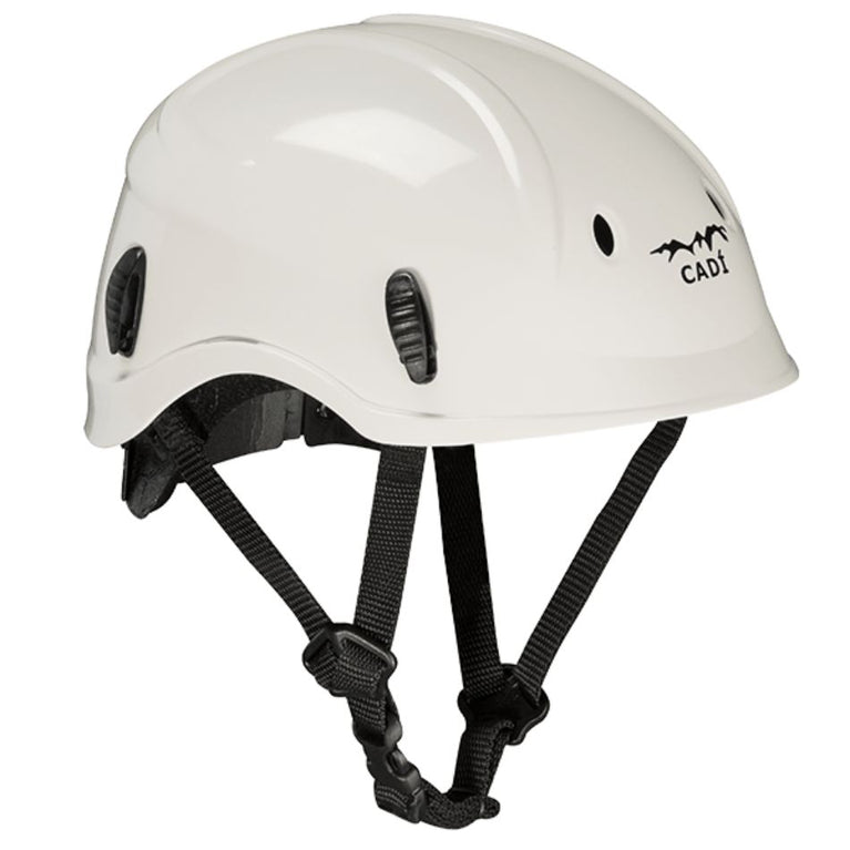 Casco Cadí en color blanco con barboquejo de 4 puntos y diseño ergonómico, ideal para trabajos en altura.