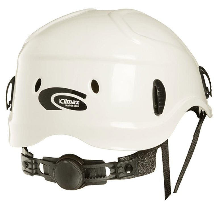 Lateral del Casco Cadí en color blanco, fabricado en ABS con orificios de ventilación y ajuste mediante rueda dentada.