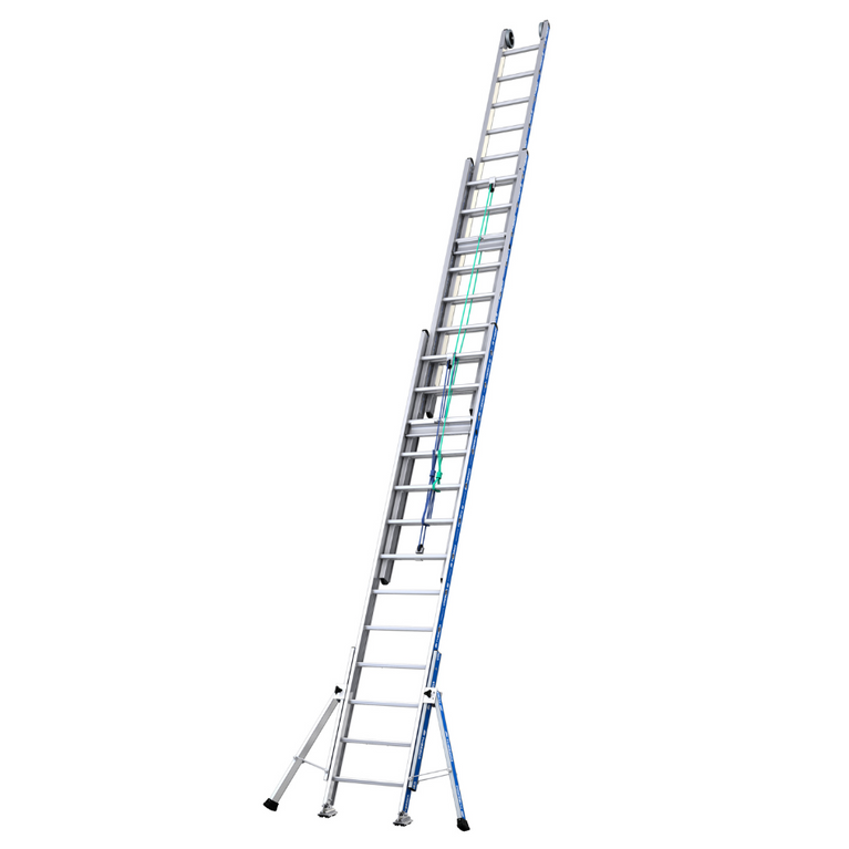 Escalera extensible de cuerda Platinium 3 tramos 3x13: diseñada para alturas extremas con ruedas de alta calidad y tacos antideslizantes.