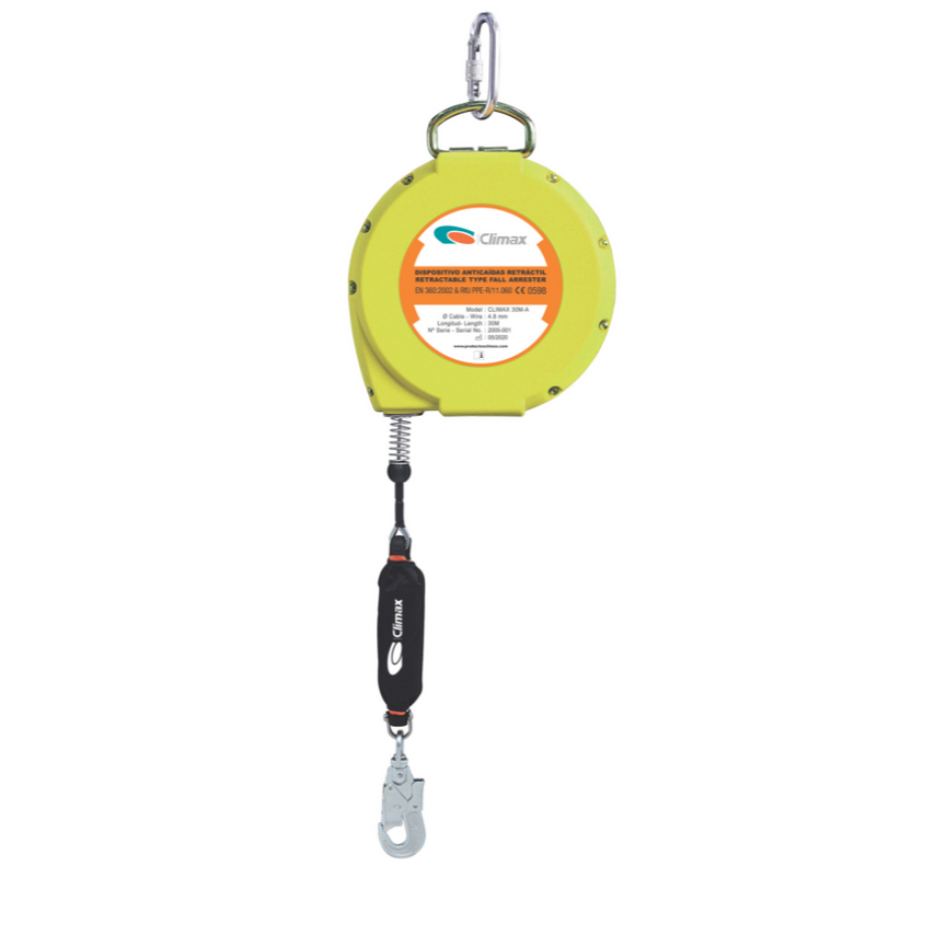 Dispositivo Retráctil Anticaídas Climax con cables de 6M, 10M, 15M y 20M, diseñado para uso vertical y horizontal. Proporciona protección contra caídas con sistema de frenado automático, con conectores de bloqueo manual y materiales duraderos, ideal para entornos laborales exigentes.