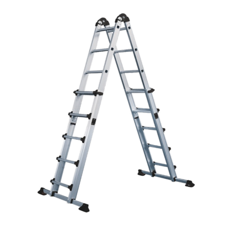 Escalera Multiposiciones Telescópica PRO, ajustable y segura, con altura de acceso de 1,90 m a 5,50 m, ideal para trabajos en interiores y exteriores.