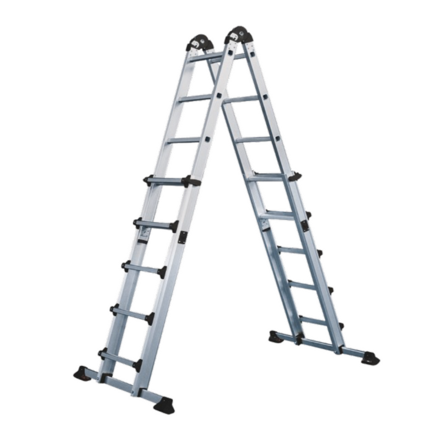Escalera Multiposiciones Telescópica PRO, ajustable y segura, con altura de acceso de 1,90 m a 5,50 m, ideal para trabajos en interiores y exteriores.