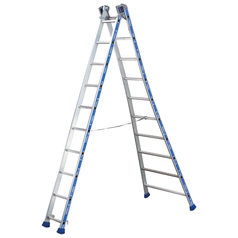 Escalera Platinium Transformable de 2 tramos con 10 peldaños, permite un acceso de hasta 7,00 m, ideal para profesionales que requieren seguridad y versatilidad.