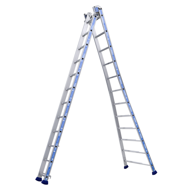 Escalera Platinium Transformable de 2 tramos con 12 peldaños, diseñada para alcanzar hasta 7,80 m, perfecta para trabajos exigentes en diversas alturas.