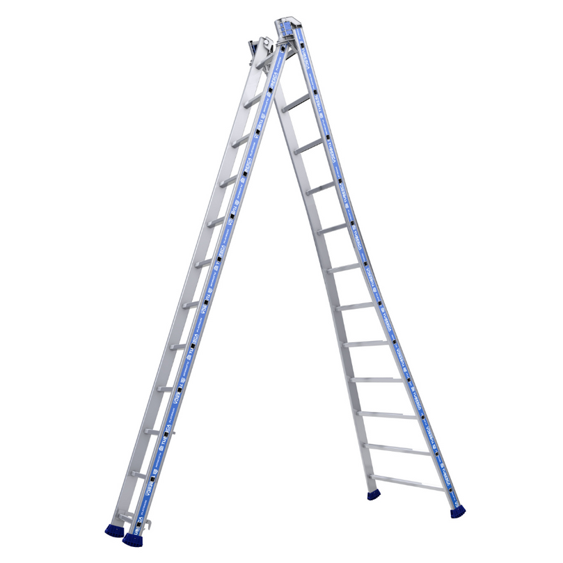 Escalera Platinium Transformable de 2 tramos con 12 peldaños, diseñada para alcanzar hasta 7,80 m, perfecta para trabajos exigentes en diversas alturas.