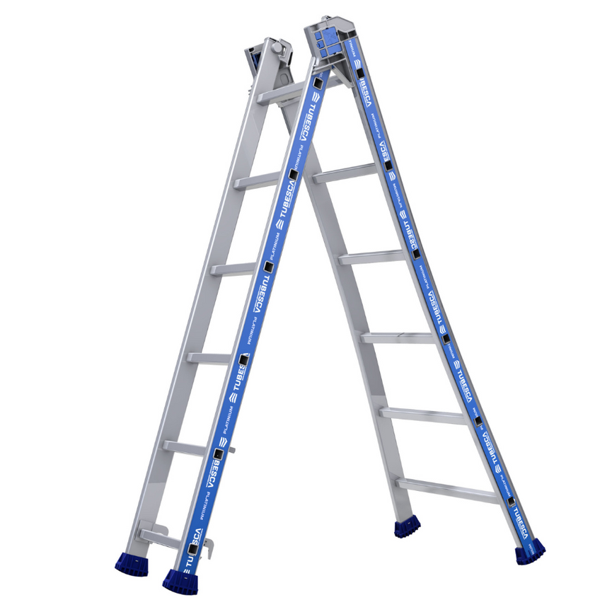 Escalera Platinium Transformable de 2 tramos con 6 peldaños, ideal para uso profesional, ofrece acceso seguro y adaptable hasta 4,60 m.
