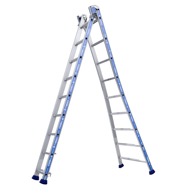 Escalera Platinium Transformable de 2 tramos con 9 peldaños, alcanzando hasta 6,40 m, perfecta para trabajos en altura con máxima estabilidad