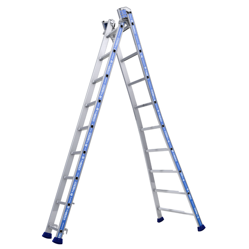 Escalera Platinium Transformable de 2 tramos con 9 peldaños, alcanzando hasta 6,40 m, perfecta para trabajos en altura con máxima estabilidad