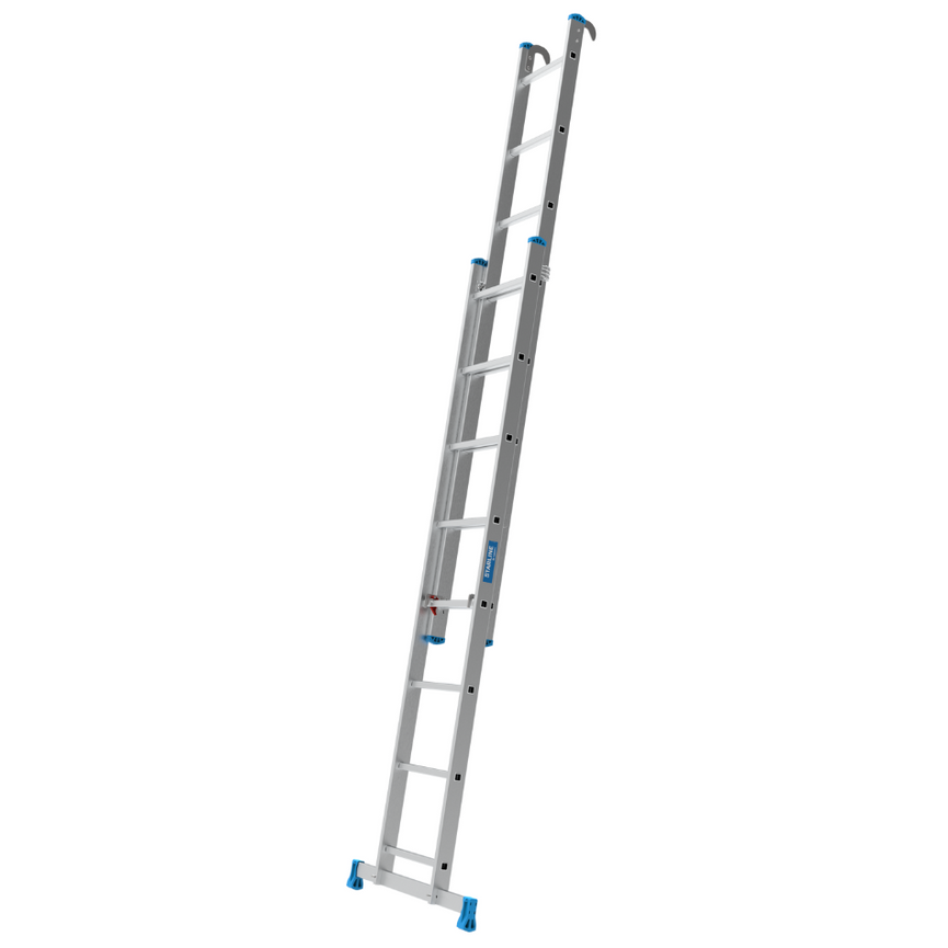 Escalera STARLINE de MANO2x10, altura cerrada 2,83 m, máxima 4,80 m, peldaños antideslizantes y tacos reforzados.