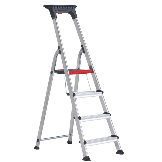 Escalera de 4 peldaños con doble peldaño antideslizante y diseño plegable. Ofrece estabilidad y comodidad para tareas de bricolaje y limpieza.