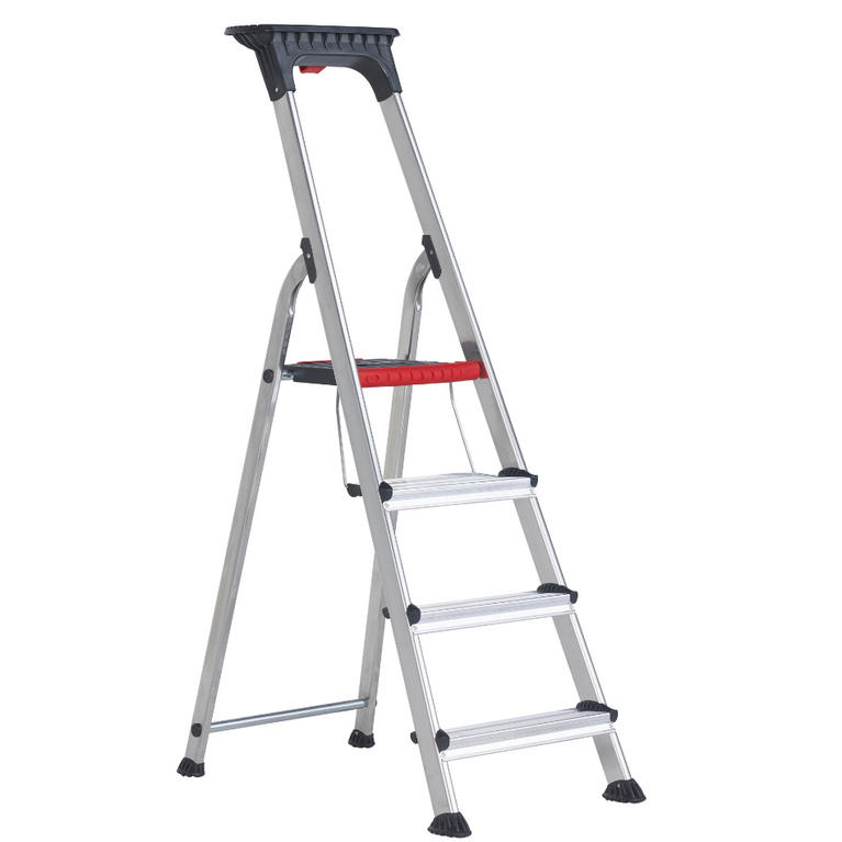 Escalera de 4 peldaños con doble peldaño antideslizante y diseño plegable. Ofrece estabilidad y comodidad para tareas de bricolaje y limpieza.