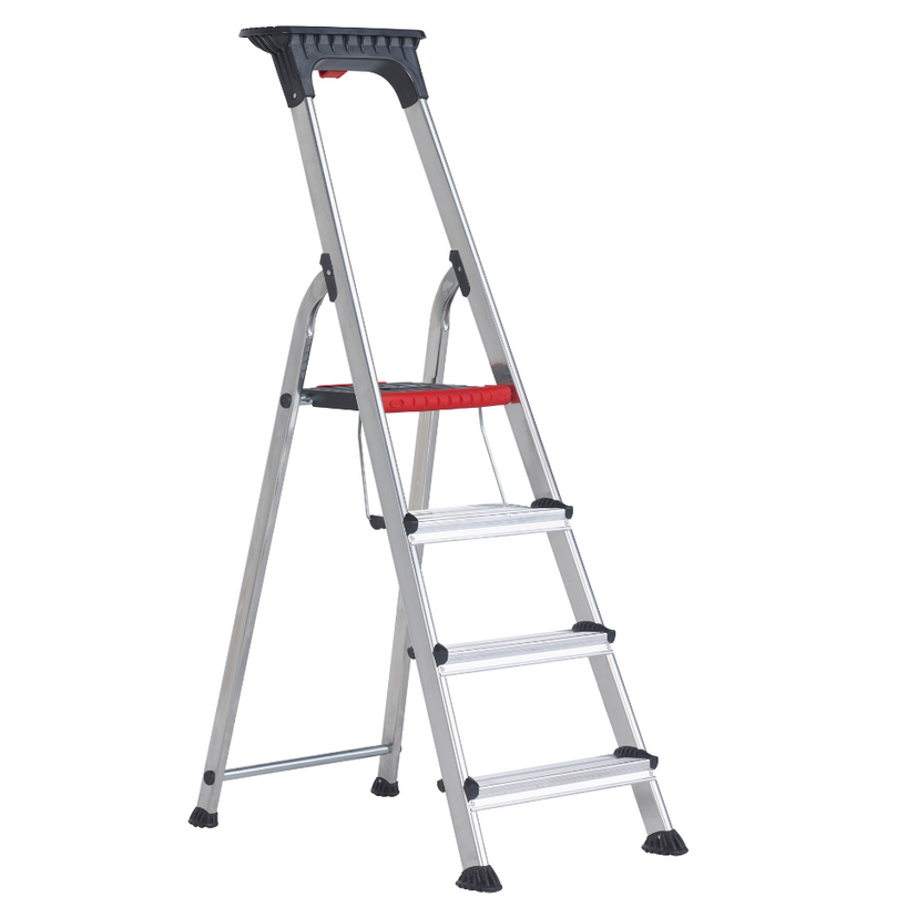 Escalera de 4 peldaños con doble peldaño antideslizante y diseño plegable. Ofrece estabilidad y comodidad para tareas de bricolaje y limpieza.