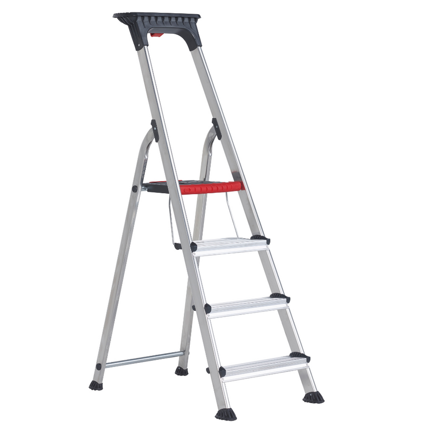 Escalera de 4 peldaños con doble peldaño antideslizante y diseño plegable. Ofrece estabilidad y comodidad para tareas de bricolaje y limpieza.