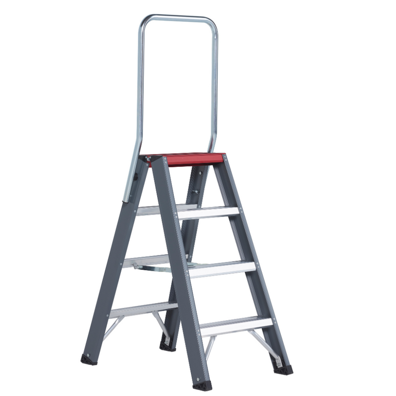 Escalera de doble acceso Falco de 4 peldaños, equipada con patas antideslizantes para máxima seguridad, ideal para trabajos intensivos.