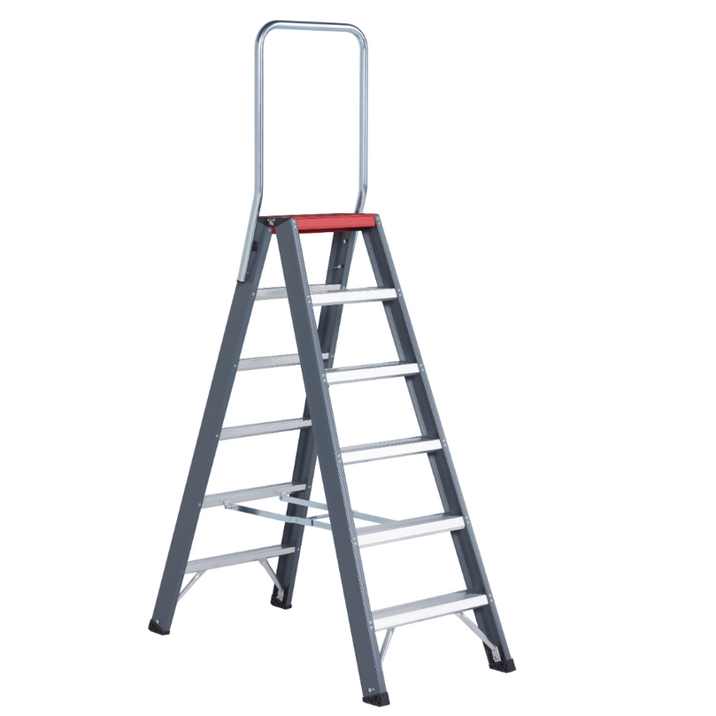 Escalera de doble acceso Falco de 6 peldaños, diseñada para ofrecer una altura máxima de trabajo segura y eficiente, ideal para proyectos colaborativos.