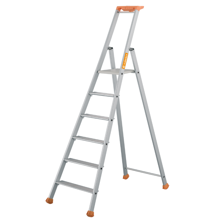 Escalera de tijera MP PRO de 6 peldaños, altura de trabajo 3.32 m, con plataforma amplia y tacos antideslizantes, garantía de seguridad en altura.