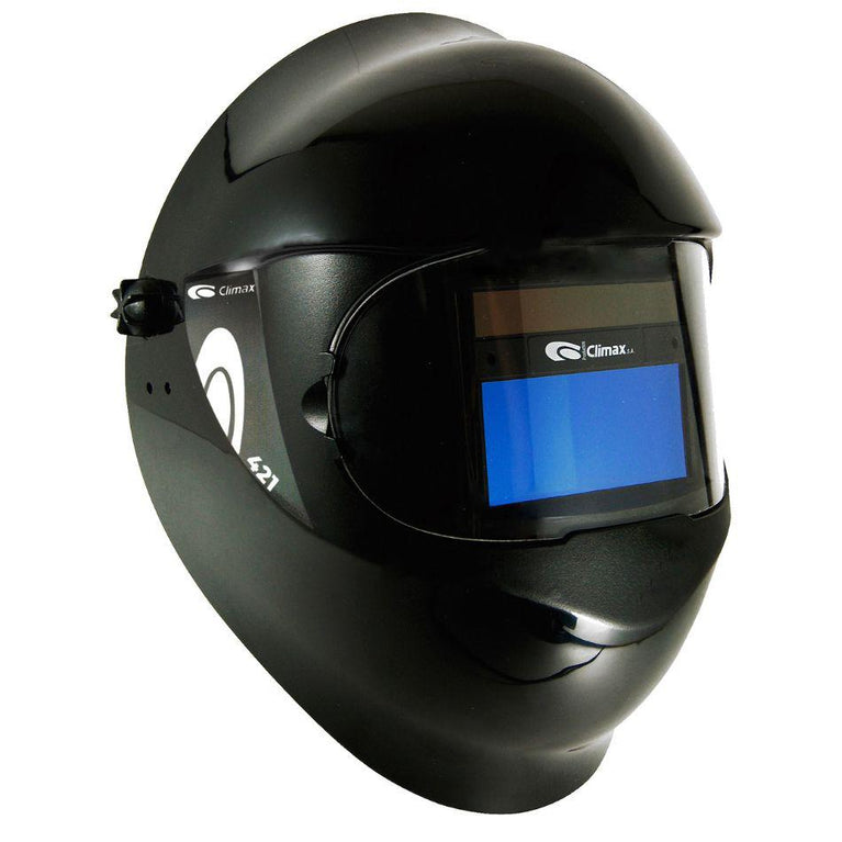 Pantalla Electrónica 421 para soldadura, con visor de tonos variables y armazón de poliamida resistente. Protección contra chispas e impactos, certificada EN 175 y EN 379.