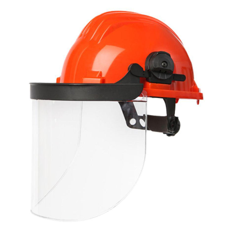 Pantalla facial 436-I con visor de policarbonato y casco de seguridad naranja. Ofrece protección contra impactos de alta velocidad y salpicaduras.