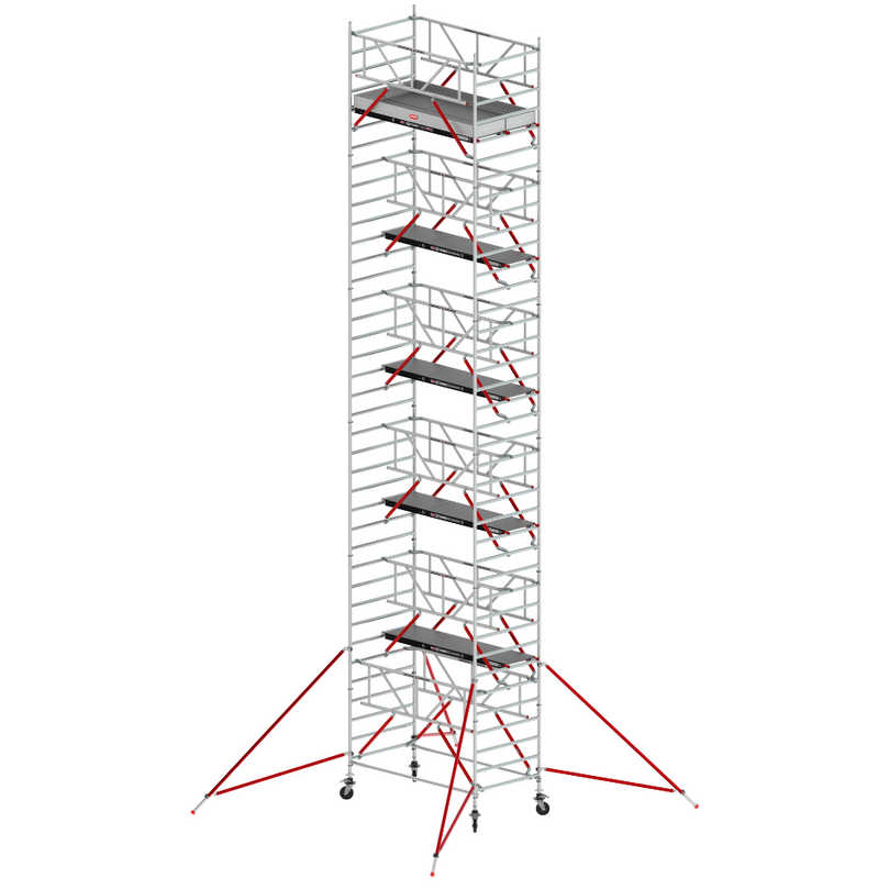 RS TOWER 52 S 135x245 - Altura de trabajo 12,2 m: Torre móvil RS TOWER 52 S de 135x245 cm, alcanza una altura de trabajo de 12,2 metros, construcción sólida.