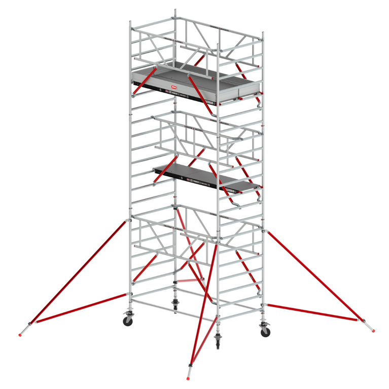 RS TOWER 52 S 135x245 - Altura de trabajo 7,2 m: Andamio móvil RS TOWER 52 S de 135x245 cm para trabajos en altura de hasta 7,2 metros, con plataforma segura.
