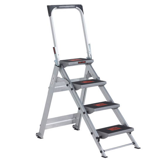 Safety Step 4 peldaños: Escalera ligera y resistente, con gran estabilidad, ideal para uso profesional en diferentes alturas y trabajos.